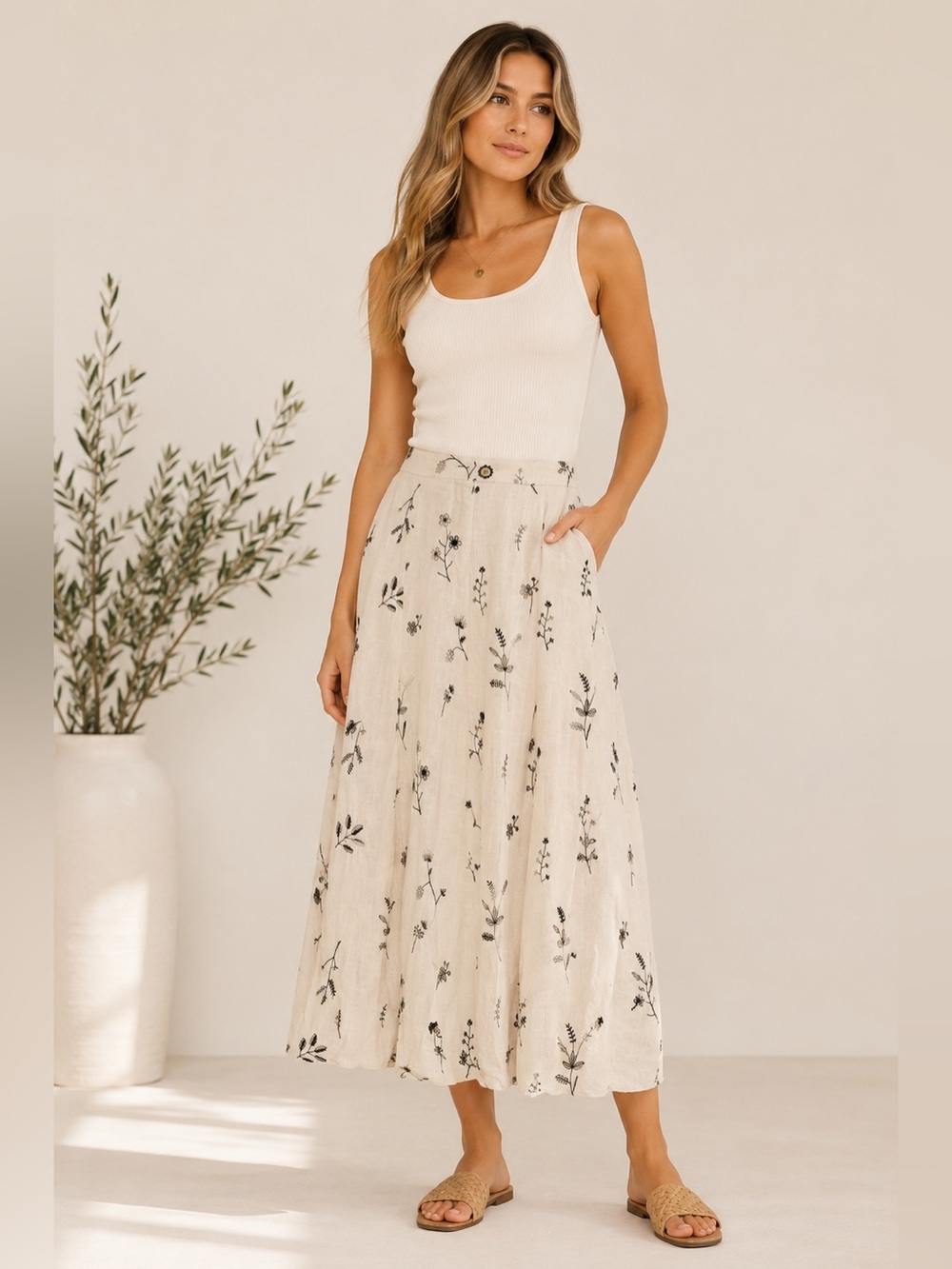 Industry Republic Beige Embroidered Linen Blend Midi Skirt Botanical Floral Sz M